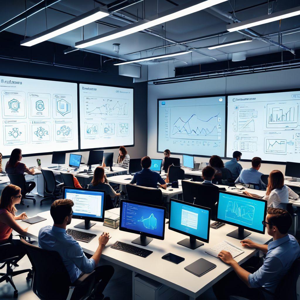 A sleek, modern office space with designers collaborating on digital tablets and developers working on code with multiple screens. Highlight vibrant UI/UX designs on screens with flow diagrams and wireframes on a whiteboard in the background. Emphasize teamwork and innovation in a bright, open environment. vector art. vibrant colors.