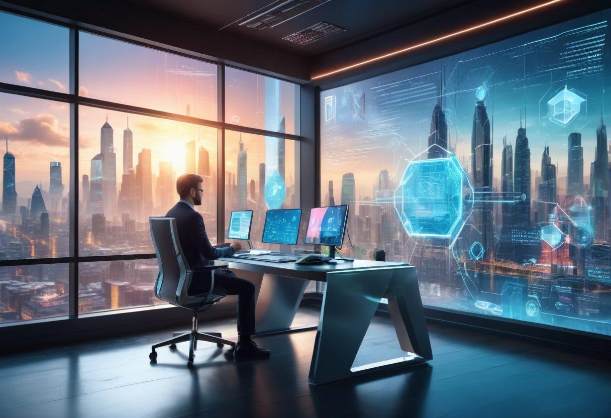 A futuristic office setting with holographic interfaces and a consulting expert analyzing complex web data on floating screens, surrounded by digital elements like graphs, charts, and web icons. The backdrop should include a sleek modern cityscape through large glass windows with sunlight streaming in. cyberpunk meets corporate style. vibrant colors. super-realistic.