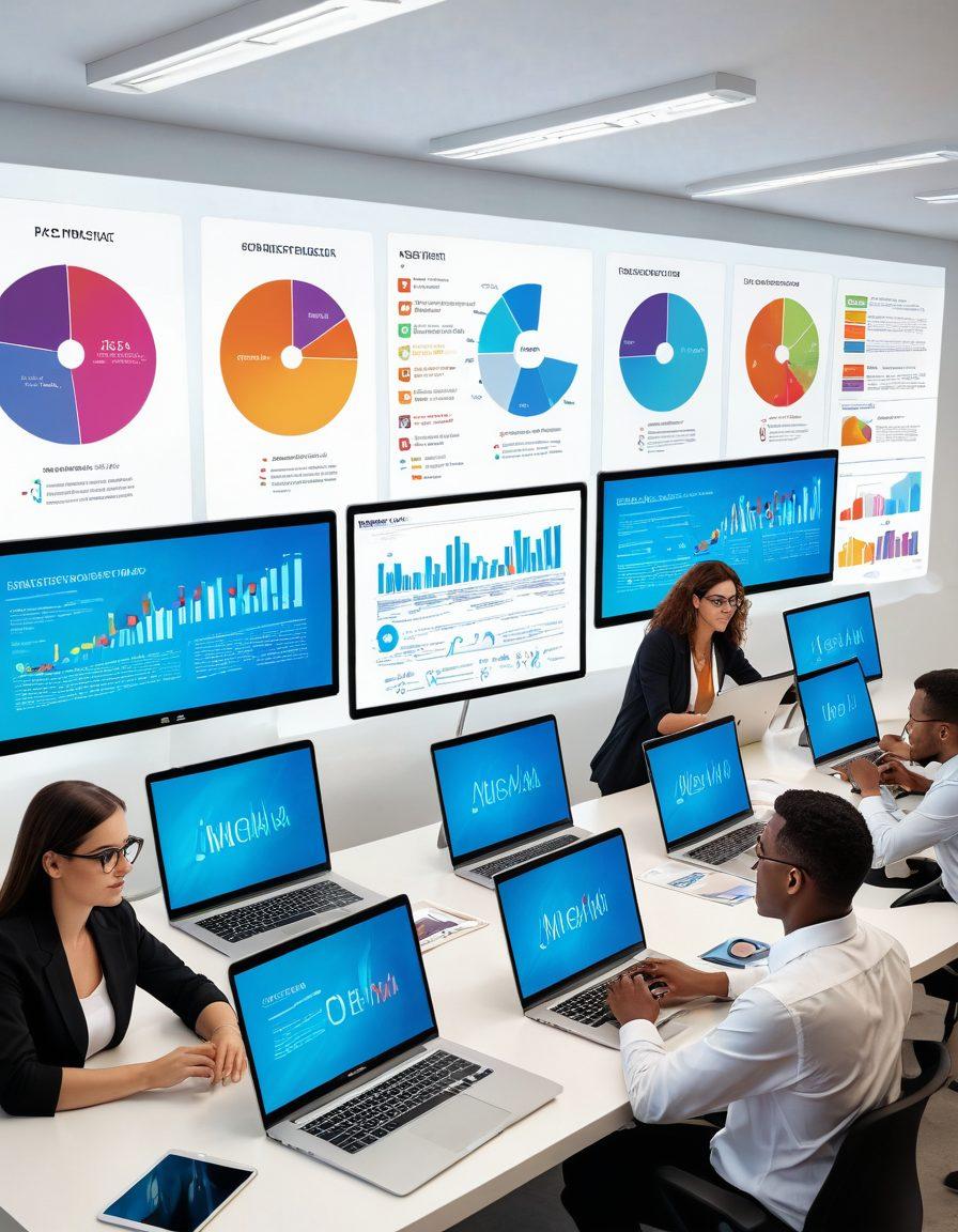 A bustling, modern office environment with professionals collaborating on laptops and tablets; innovative web solutions illustrated on large screens. Diverse team members excitedly brainstorming ideas, highlighted with a backdrop of code snippets and digital graphs. Dynamic, forward-thinking atmosphere. super-realistic. vibrant colors. white background.